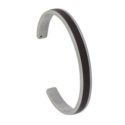 Bracelet Homme Jonc Acier et Cuir - Marron foncé - vue V1