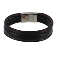 Bracelet Homme Cuir Noir Trois Lanières Cousu - Classics - Rouge