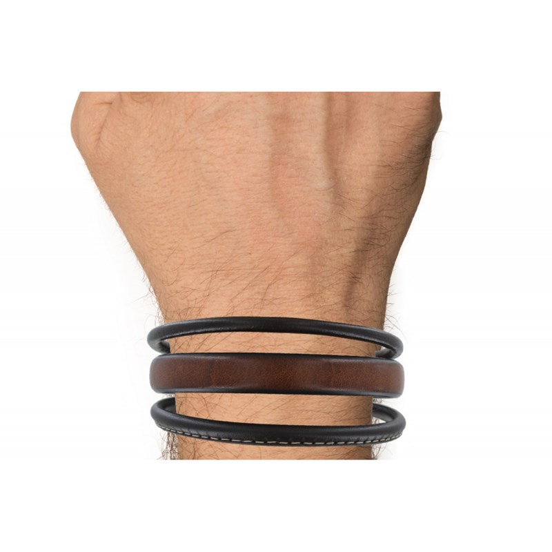 Bracelet Homme Cuir Marron Trois Lanières Cousu Beige - vue 2