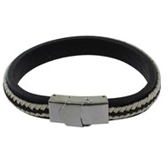 Bracelet Homme Cuir Noir Tresse en Lin Noir et Beige