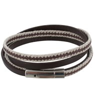 Bracelet Homme Double Tour Cuir Marron Foncé Tresse en Lin Marron et Beige
