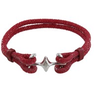 Bracelet Mixte Rhodium Double Ancre et Cuir - 18cm Classics - Rouge