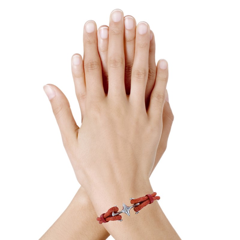 Bracelet Mixte Argent Rhodié Double Ancre et Cuir - 18cm Colors - Orange - vue 2
