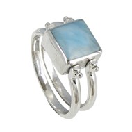 Bague Double Anneaux Argent Réversible Carré de Larimar et Nacre