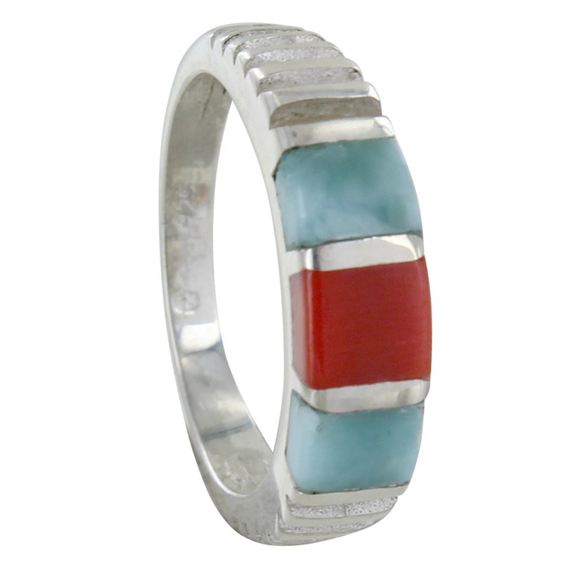 Bague Argent Deux Carrés de Larimar et Un Carré en Corail Rouge