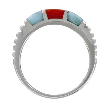 Bague Argent 925 Deux Carrés de Larimar et Un Carré en Corail Rouge
