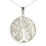 Cadeau bijoux symbole Arbre de vie Pendentif Nacre blanche Argent  rhodié rond femme