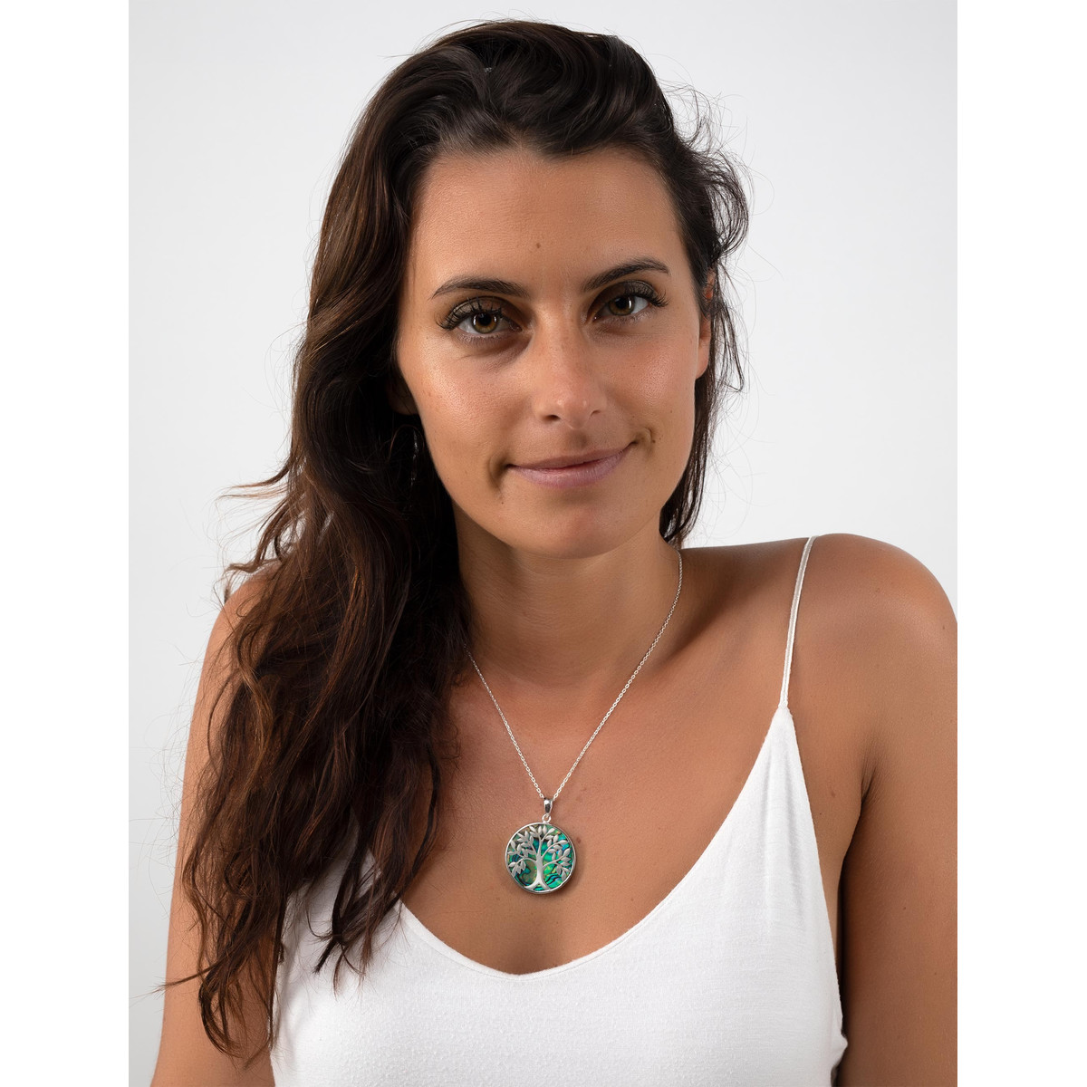 Cadeau bijoux symbole Arbre de vie Pendentif Nacre abalone Argent  rhodié rond femme - vue 2