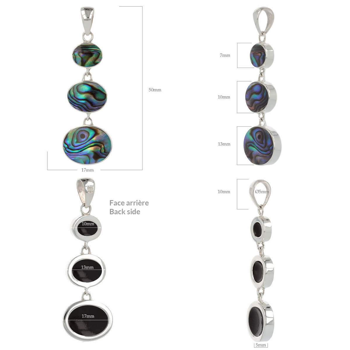 bijoux  3 cabochons Pendentif  Nacre abalone Argent massif forme ovale femme - vue 2