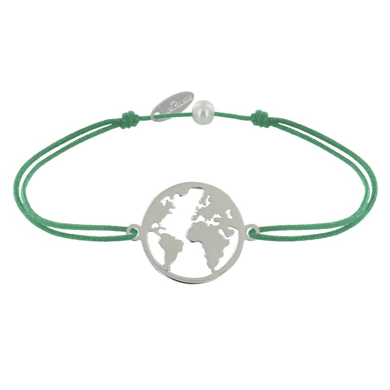 Bracelet Lien Médaille Argent Ronde Mappemonde - Vert