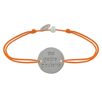 Bracelet Lien Médaille Plaqué Argent Ronde 'Ma Petite Poulette' - Orange