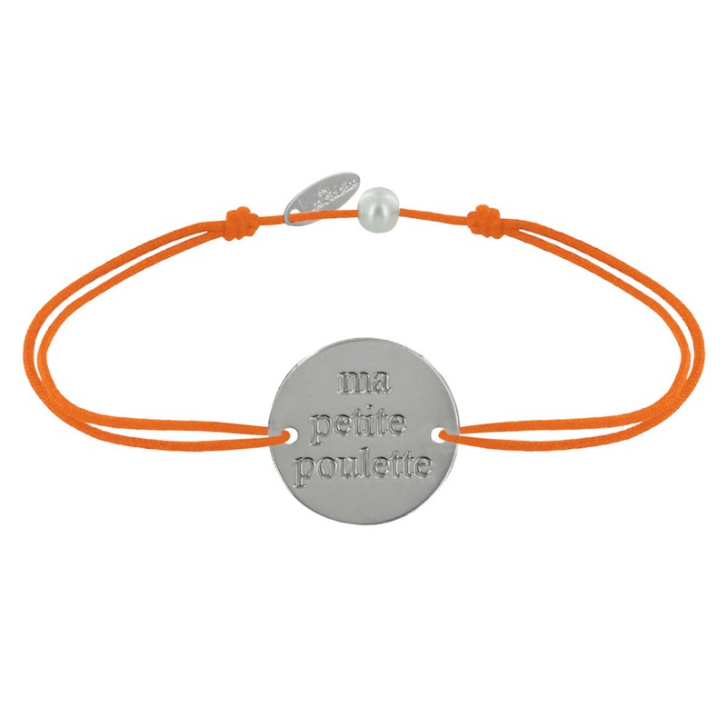 Bracelet Lien Médaille Plaqué Argent Ronde 'Ma Petite Poulette' - Orange