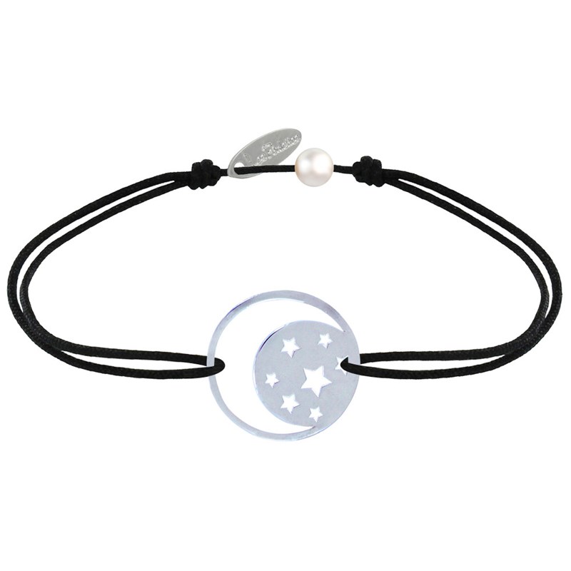 Bracelet Lien Médaille Argent Lune et Etoiles - Noir