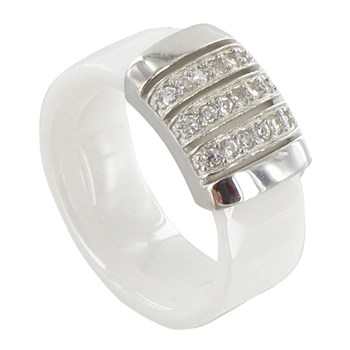 Bague Céramique Blanche Barrette Argent 925 et Strass