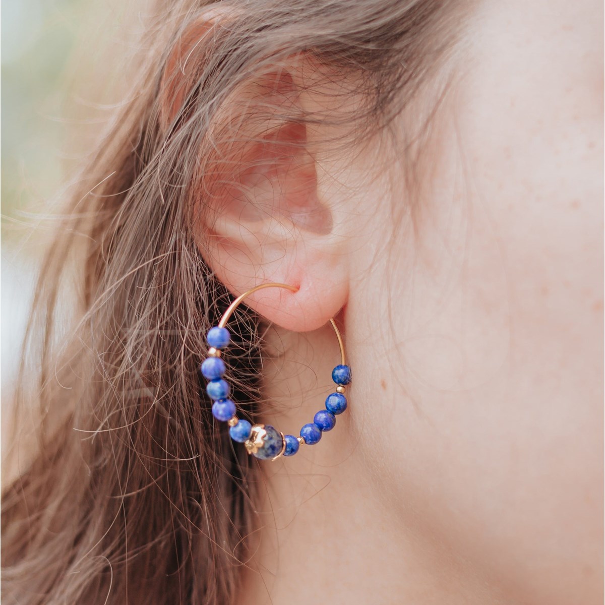 Boucles D'Oreilles Créoles en Lapis-Lazuli et Argent 925 Doré - vue 2