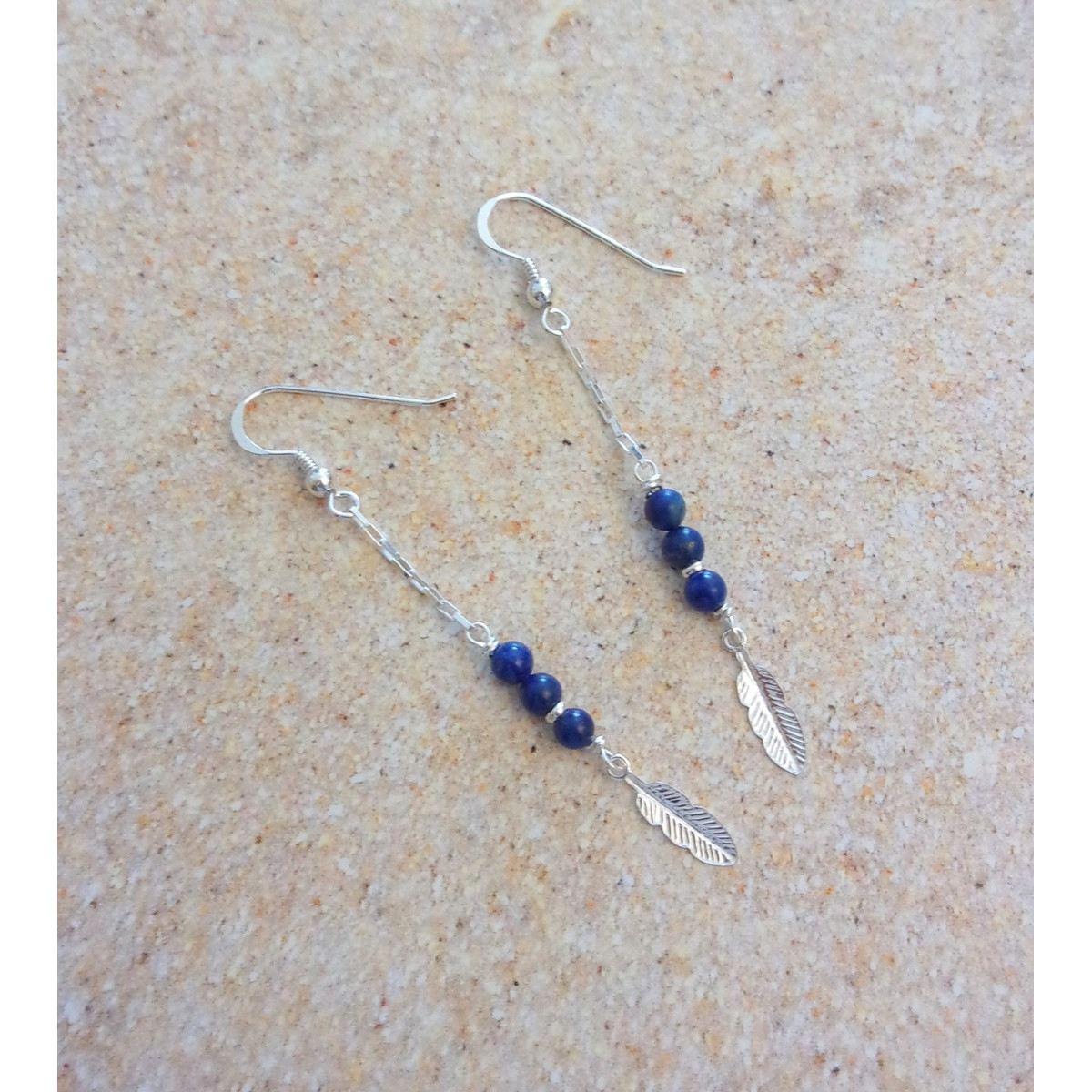 Boucles d'oreille Plumes - Argent 925 et Lapis-Lazuli - vue 2