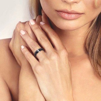 STELLA - Bague Jonc Massif - Pure Ceramic noire et acier - Motif Vague