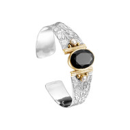 Bracelet manchette argent 925 et laiton doré, Onyx, Noir, 21g, Ø55mm