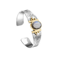 Bracelet manchette argent 925 et laiton doré, Labradorite, Gris, 21g, Ø55mm