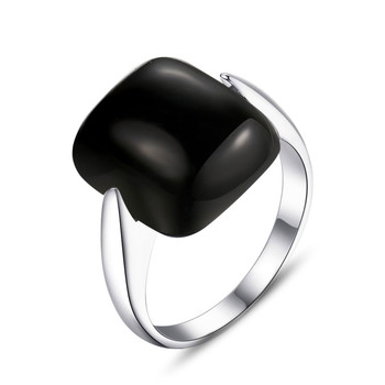 Bague Arg.925 Rhodié Onyx Noir, Lisse, Rectangle