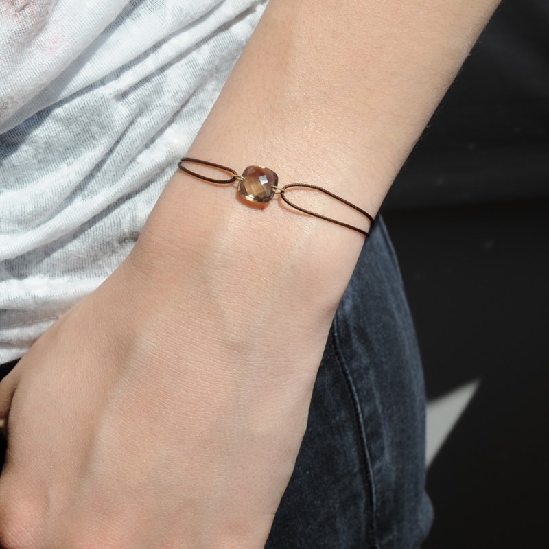 Bracelet cordon marron avec un quartz fumé - BeJewels - vue 3