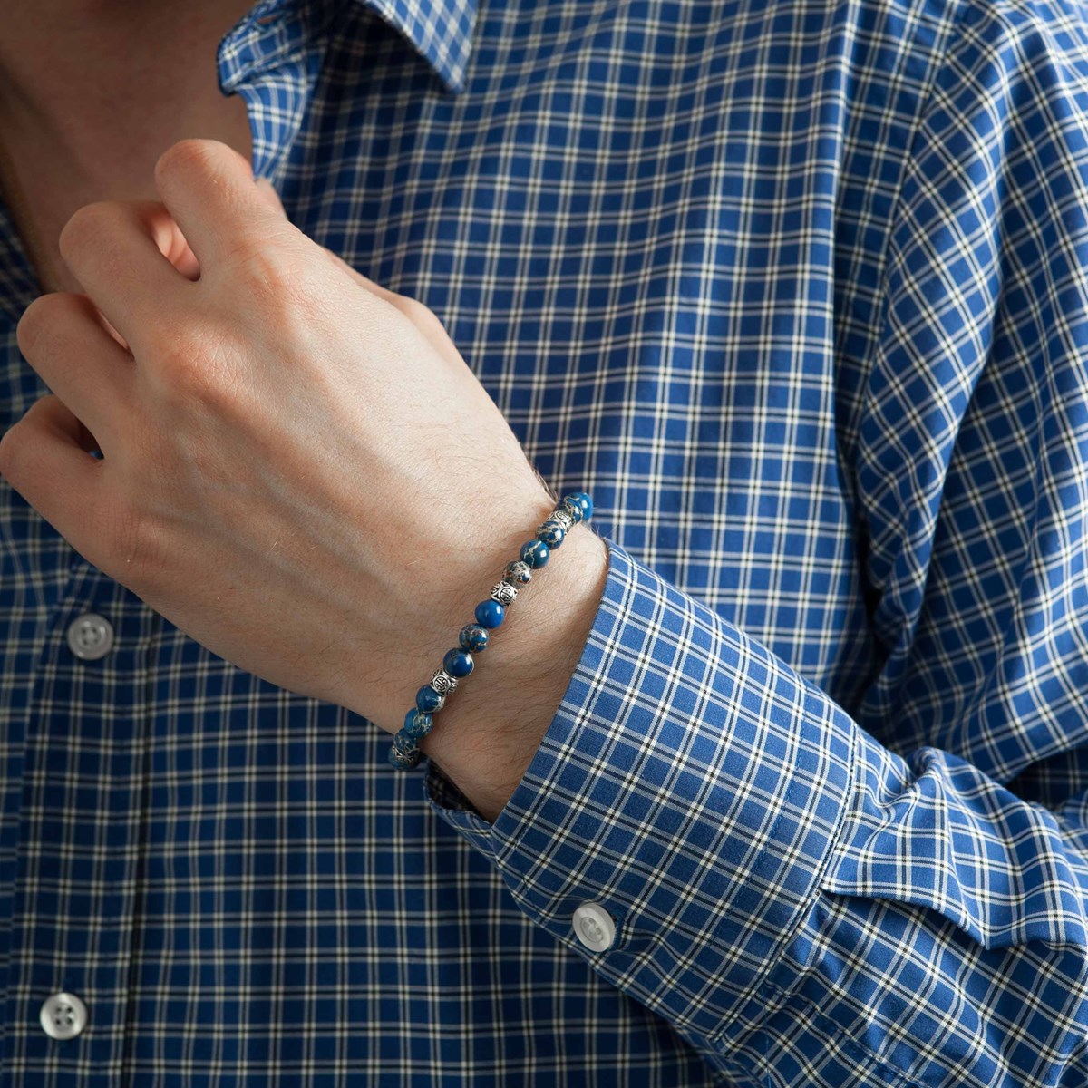Bracelet pierres naturelles jaspe de mer bleue pour homme - Lauren Steven - vue 2