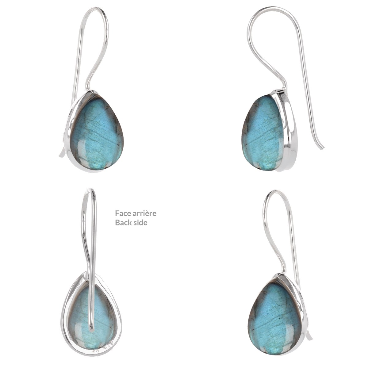 Boucles d'oreille en pierre Labradorite forme poire, serties en argent 925 - Bijoux tendance et élégants - vue 3