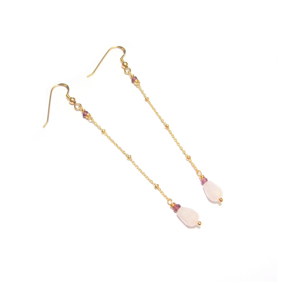 Boucles D'Oreille Argent 925 Dorée, Quartz Rose et Rhodolite