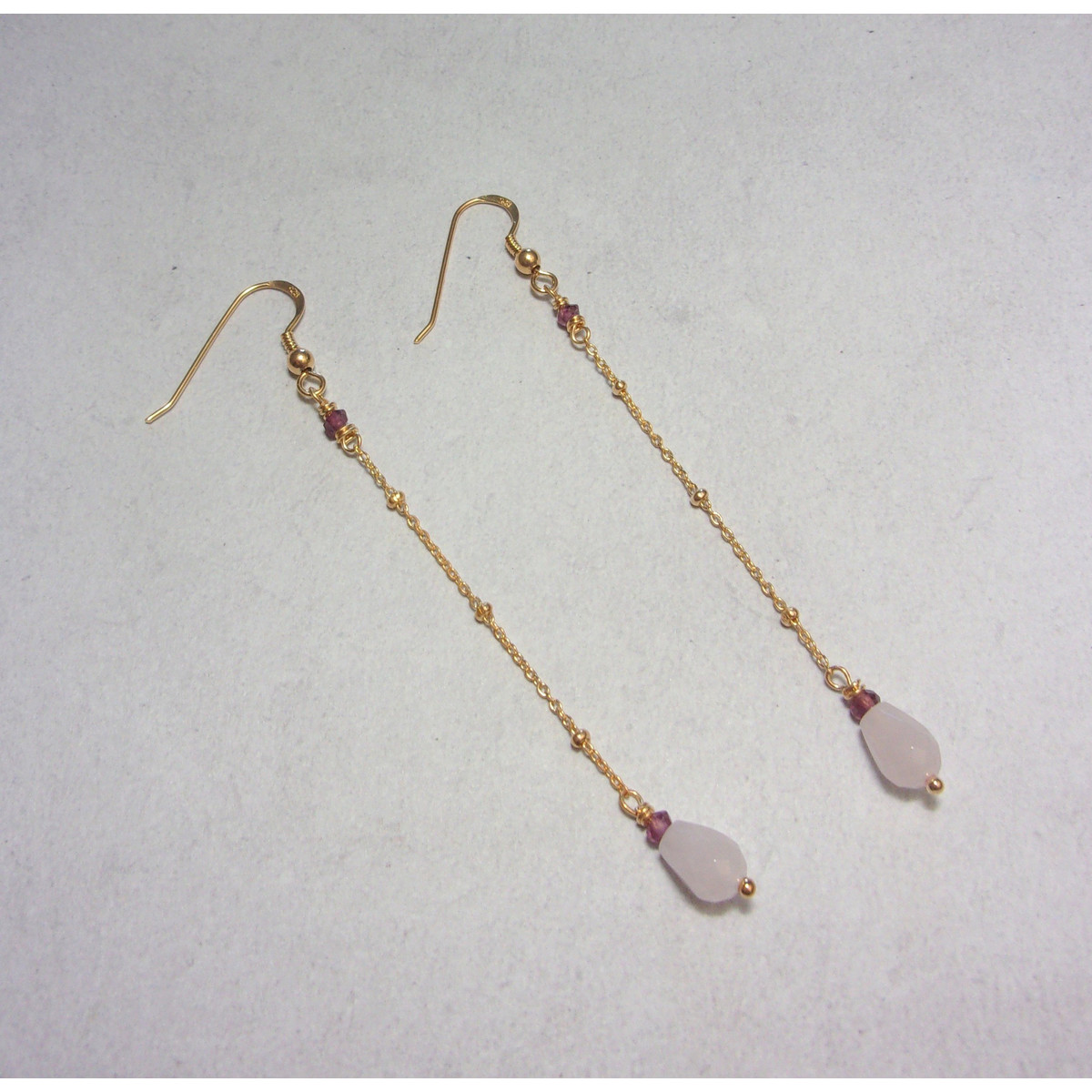 Boucles D'Oreille Argent 925 Dorée, Quartz Rose et Rhodolite - vue 2