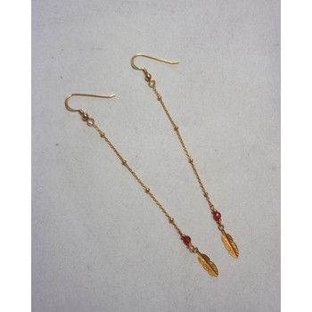 Boucles d'Oreille Plumes, Argent 925 Dorée et Cornaline