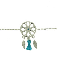 Bracelet Indien attrape rêves dreamcatcher avec pompon en argent rhodié 2 plumes 18 cm