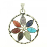 Pendentif médaille fleur 7 chakras avec 7 pierres en acier + chaine