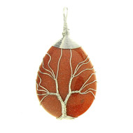 Grand Pendentif goutte arbre de vie wrap en goldstone pailletée rouge + chaine
