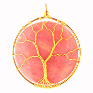 Grand Pendentif rond arbre de vie wrap doré en rhodonite + chaine