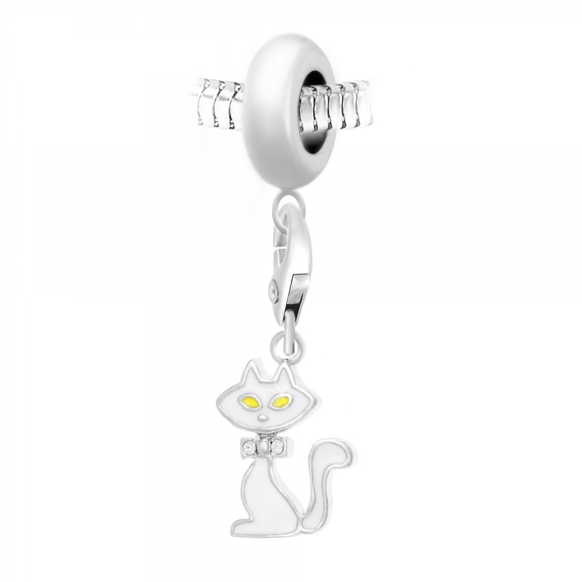 Charm SC Crystal en acier avec pendentif chat blanc orné de Cristaux scintillants