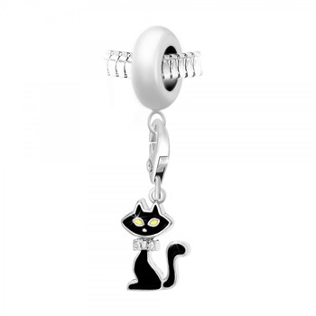 Charm perle SC Crystal en acier avec pendentif chat noir orné de Cristaux scintillants