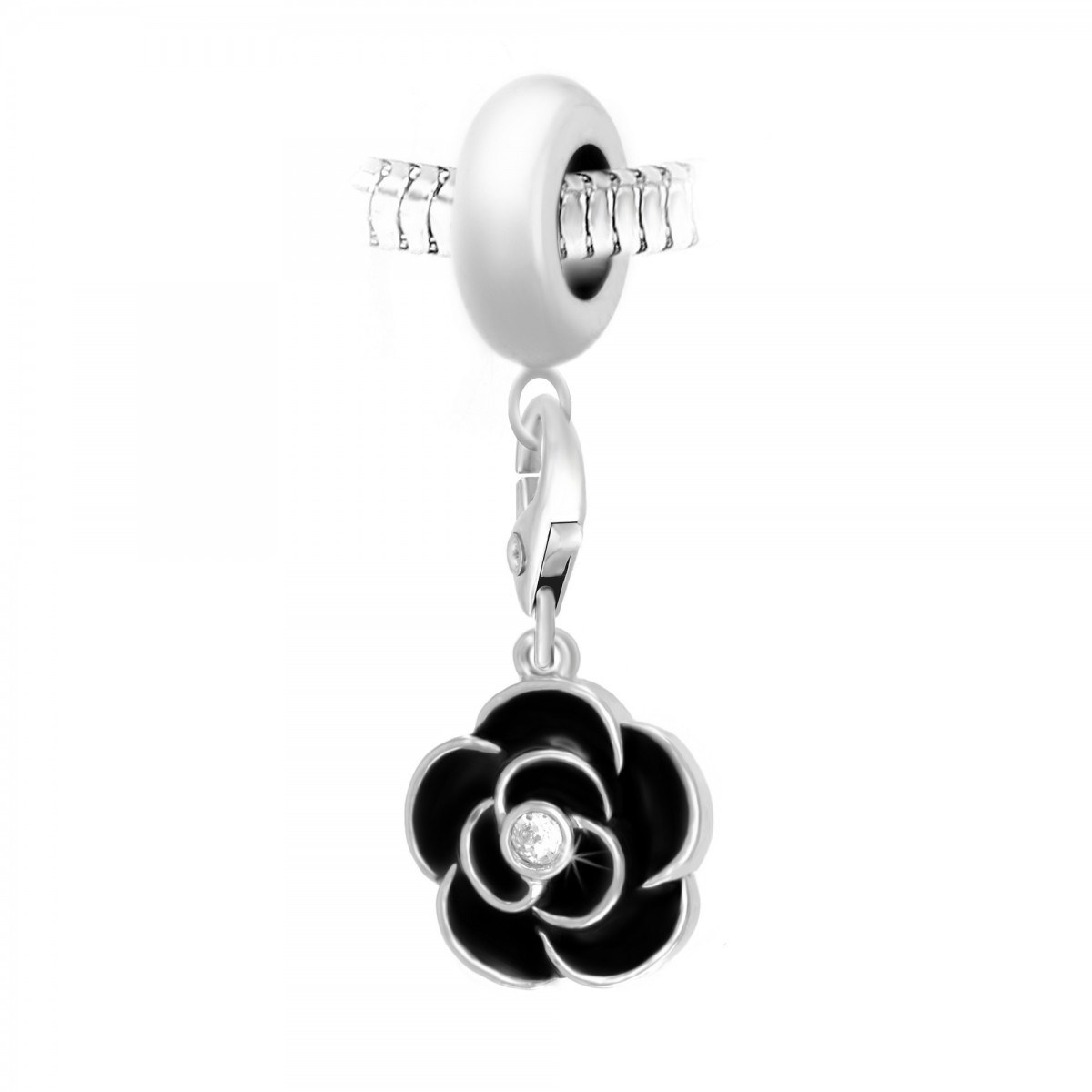 Charm perle SC Crystal en acier avec pendentif rose noire orné de Cristaux scintillants