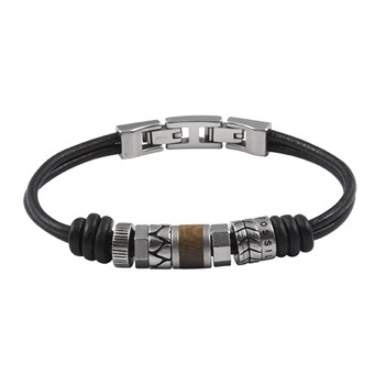 Bracelet homme Fossil cuir noir et perles en acier