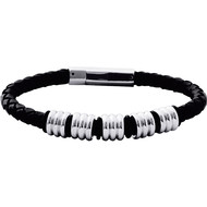 Bracelet homme Brillaxis en acier et cuir noir