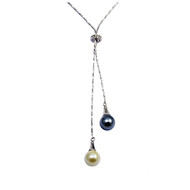 Collier Double Perle Noire et Blanche, orné de cristal de Swarovski et Plaqué Rhodium