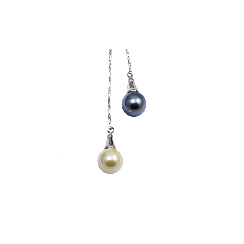 Collier Double Perle Noire et Blanche, orné de cristal de Swarovski et Plaqué Rhodium - vue 2