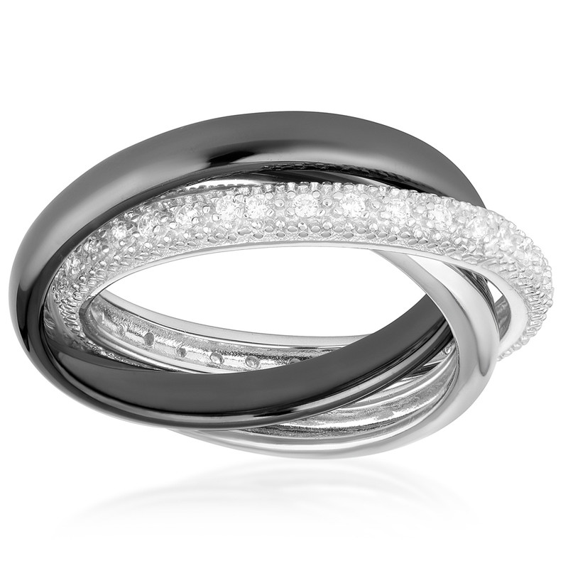 Bague Femme 3 anneaux en Céramique Noir, Argent et Cristaux Cubic ...