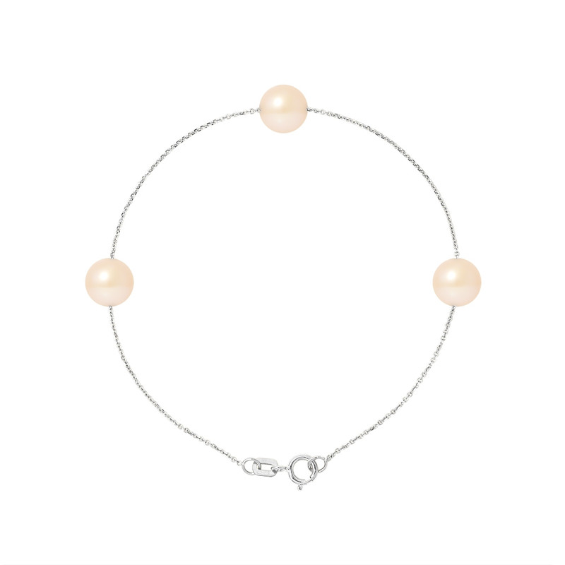Bracelet Femme 3 Perles de culture d'eau douce Rose Naturel AA et Or Blanc 750/1000
