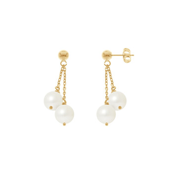 Boucles d'Oreilles Femme Pendantes Double Perles de Culture Blanche et or jaune 750/1000