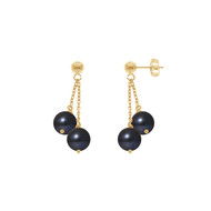 Boucles d'Oreilles Femme Pendantes Double Perles de Culture Noires et or jaune 750/1000