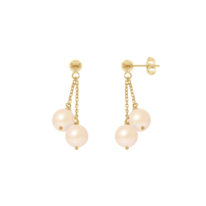 Boucles d'Oreilles Femme Pendantes Double Perles de Culture Roses et or jaune 750/1000