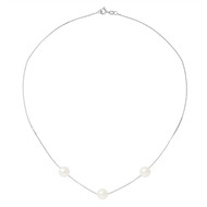 Collier Ras du Cou Femme Chaine Forcat Or Blanc 750/1000 et 3 Perles de Culture Blanches