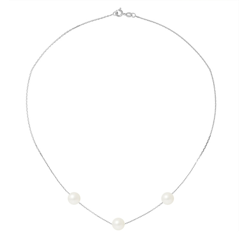 Collier Ras du Cou Femme Chaine Forcat Or Blanc 750/1000 et 3 Perles de Culture Blanches