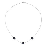 Collier Ras du Cou Femme Chaine Forcat Or Blanc 750/1000 et 3 Perles de Culture Noires