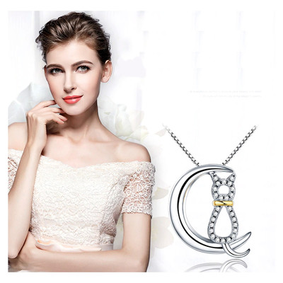 Pendentif Lune Et Chat Orne De Cristal De Swarovski Blanc Et Argent 925 Femme Collier Maty